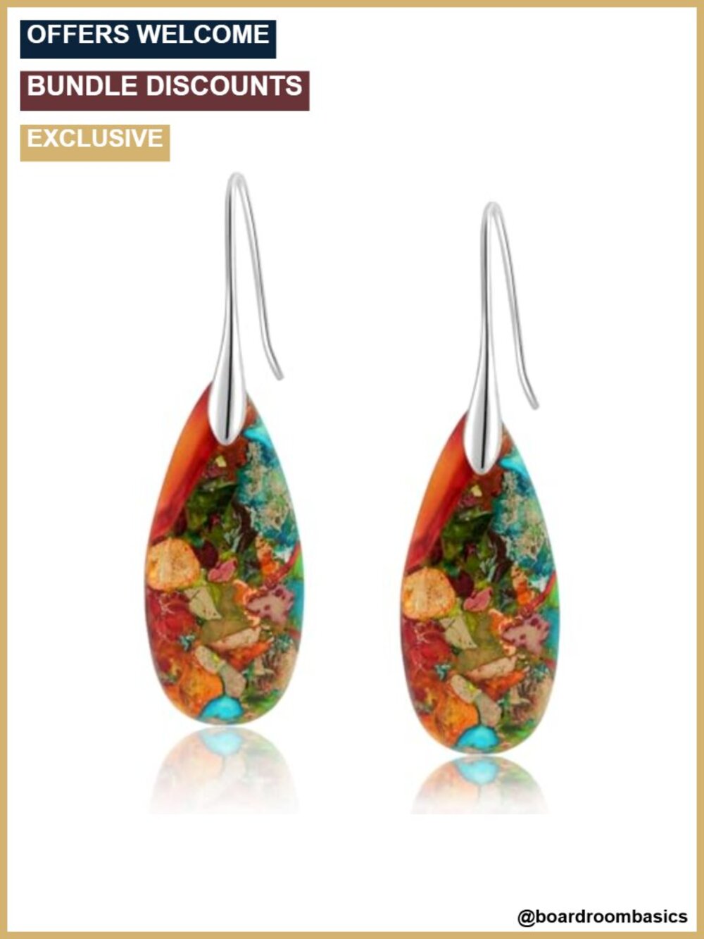 Natural Emperor Stone Fishhoop Dangle Drop Earrings Statement Gold Silver